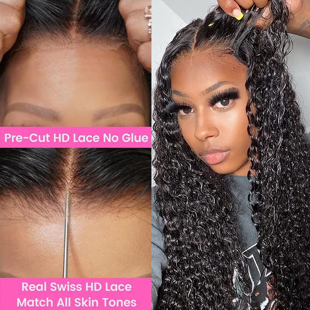 26 Inch Bye Bye Knots Wear and Go Glueless Wigs Human Hair Deep Wave HD 7X5 for Real No Glue Lace Wig, 3D Dome Cap Glueless Wig Pre Plucked, Pre Cut Glueless Wig Natural black 200% Density