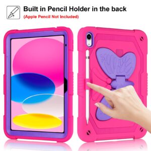 VOFUOE for iPad 10th Generation Case for Kids Girls for iPad 10th 2022 10.9 Cases with Screen Protector Shoulder Strap Butterfly Wings Stand Pencil Holder Rugged Cover for iPad 10th Gen 10.9-Rose Red