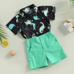 Toddler Baby Boy Clothes Shorts Set Dinosaur Print Shirt Short Sleeve Button Down Top Solid Shorts Summer Outfit (Dinosaur print Green, 18-24 Months)