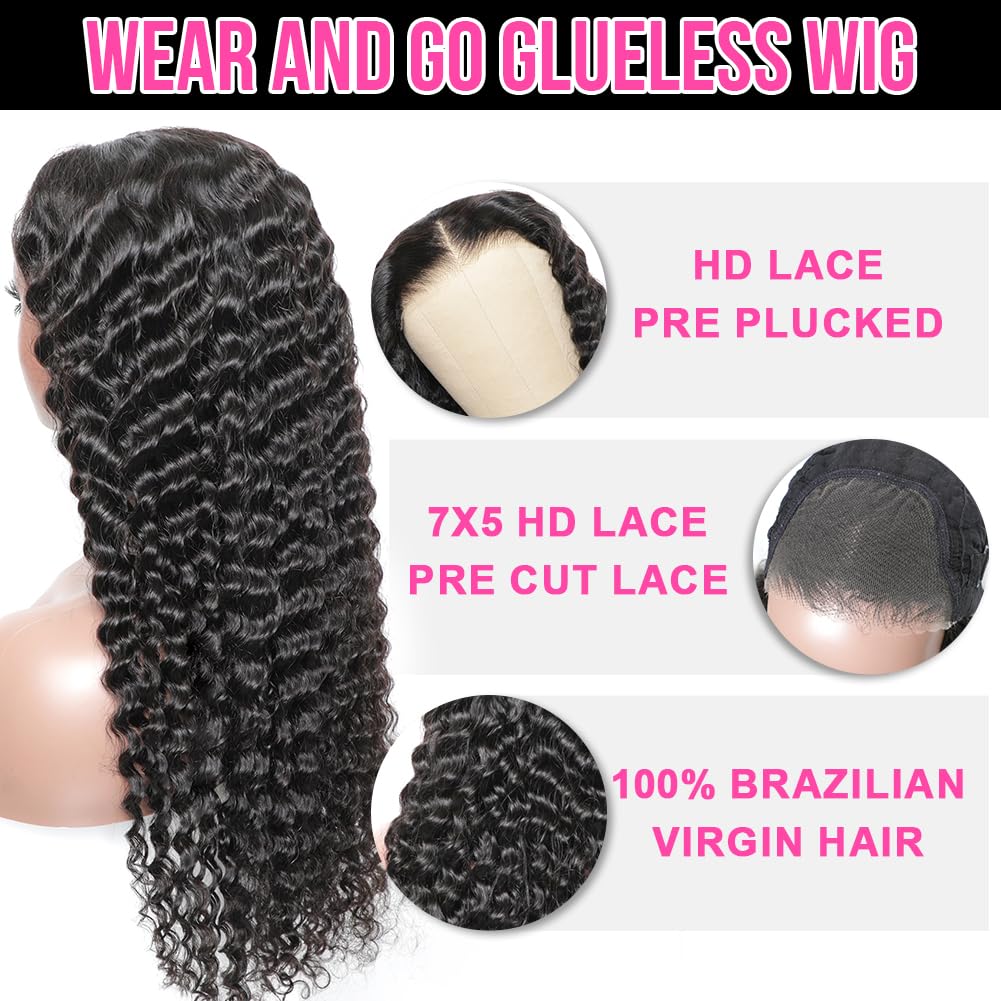 26 Inch Bye Bye Knots Wear and Go Glueless Wigs Human Hair Deep Wave HD 7X5 for Real No Glue Lace Wig, 3D Dome Cap Glueless Wig Pre Plucked, Pre Cut Glueless Wig Natural black 200% Density