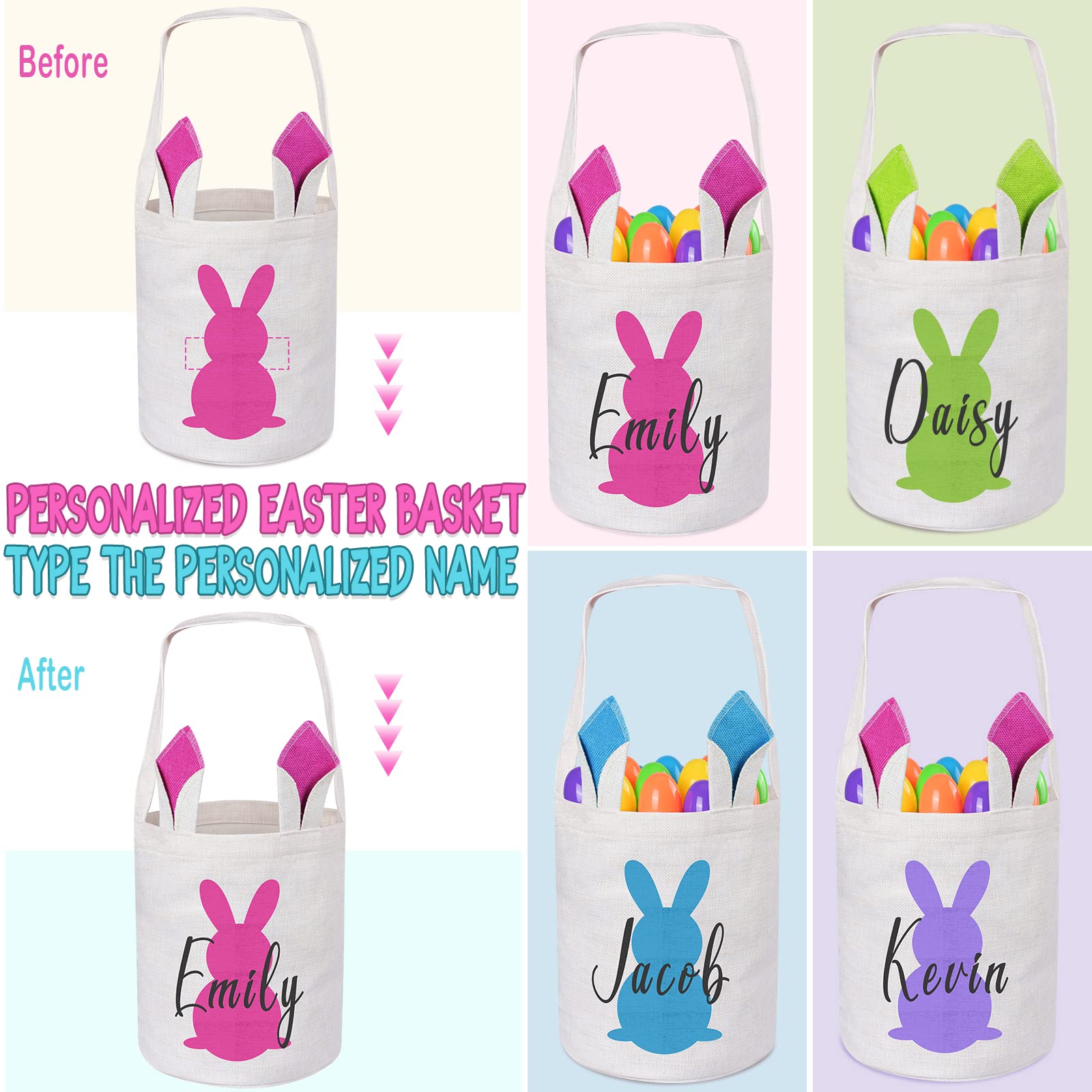 Personalized Easter Baskets for Kids, VAPCUFF Easter Basket Bags Easter Eggs Basket Easter Bunny Basket Easter Eggs Hunt Basket Personalized Easter Gifts for Girls Boys - Pink