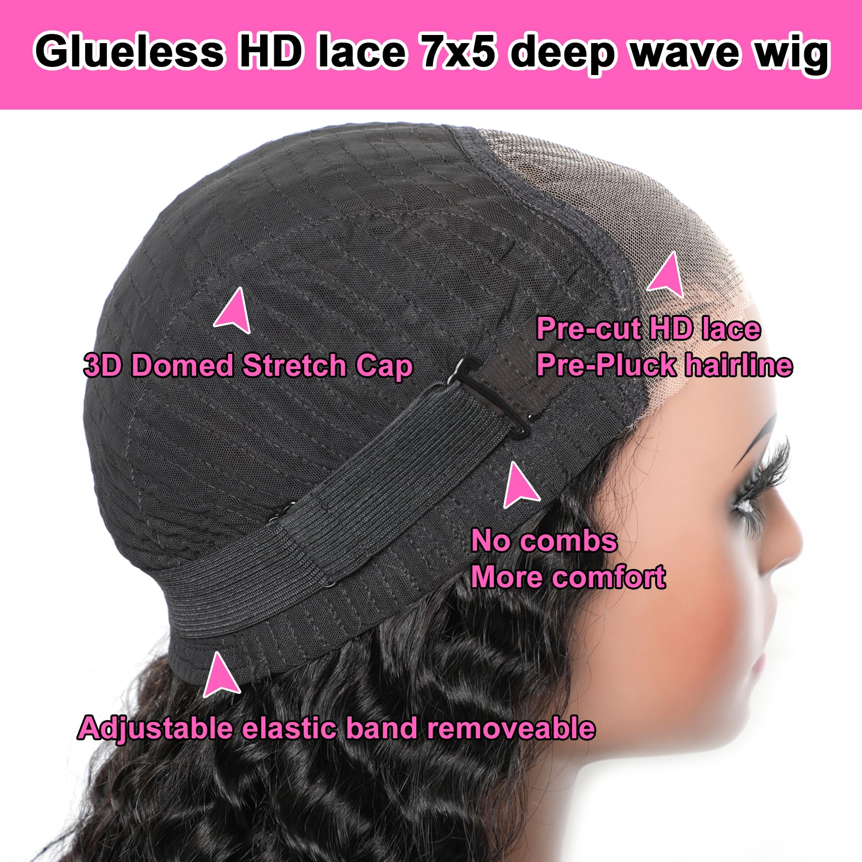 26 Inch Bye Bye Knots Wear and Go Glueless Wigs Human Hair Deep Wave HD 7X5 for Real No Glue Lace Wig, 3D Dome Cap Glueless Wig Pre Plucked, Pre Cut Glueless Wig Natural black 200% Density