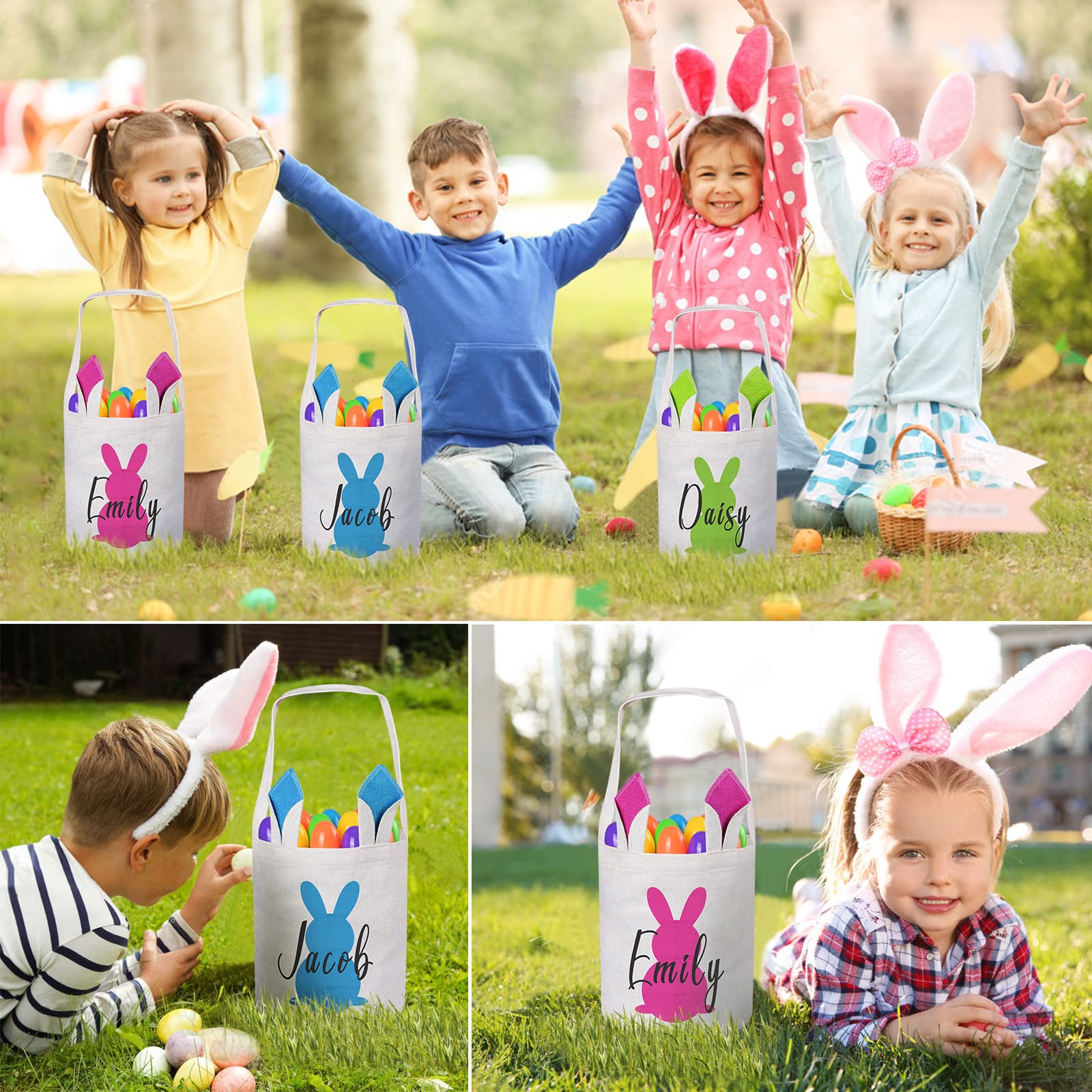 Personalized Easter Baskets for Kids, VAPCUFF Easter Basket Bags Easter Eggs Basket Easter Bunny Basket Easter Eggs Hunt Basket Personalized Easter Gifts for Girls Boys - Pink