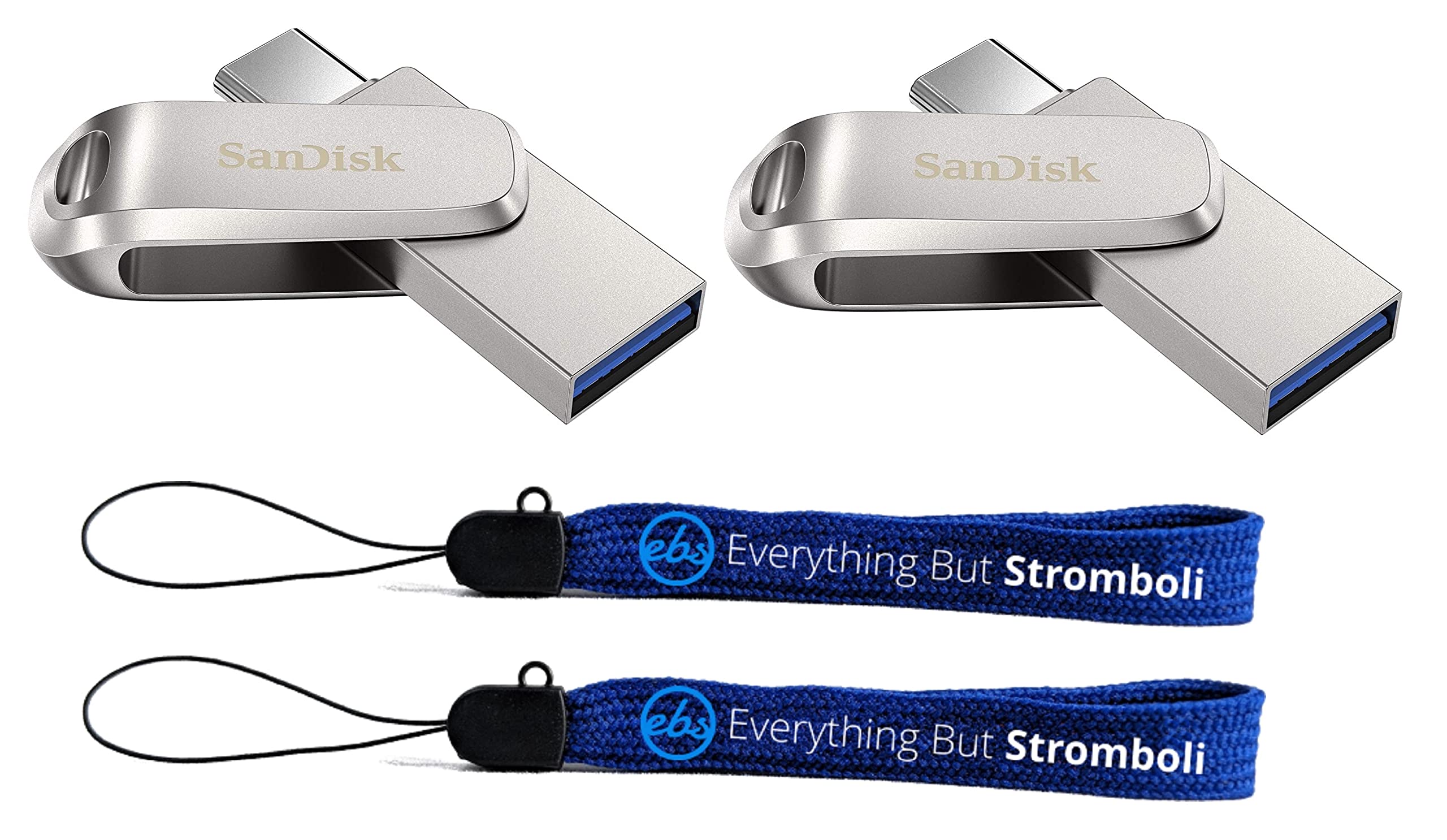 SanDisk 128GB USB Drive Ultra Dual Drive Luxe Type-C (2 Pack) Flash Drive for Smartphones, Tablets, and Computers - High Speed USB 3.1 (SDDDC4-128G-G46) Bundle with 2 Everything But Stromboli Lanyards