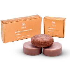 argan oil shampoo and conditioner bar set, with one extra conditioner bar - 100% vegan and plastic free shampoo and conditioner - handmade in the usa. 2x conditioner and 1x shampoo