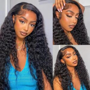 ALEPAZ Deep Wave Lace Front Wigs Human Hair 13x4 HD Transparent Lace Frontal Wigs Human Hair Pre Plucked 180% Density Curly Lace Front Wig Human Hair with Baby Hair Natural Hairline