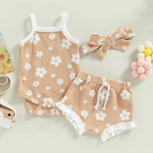 LIOMENGZI Newborn Baby Boy Girl Summer Clothes Outfits Set Fly Sleeve Solid Romper Tops Drawstring Short Headband Clothes Set (Light Khaki, 0-3 Months)