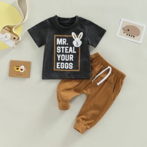 Easter Baby Boys Pants Set, Short Sleeve Crew Neck Letters Rabbit Print T-Shirt + Elastic Waist Sweatpants (Dark Gray, 2-3 Years)