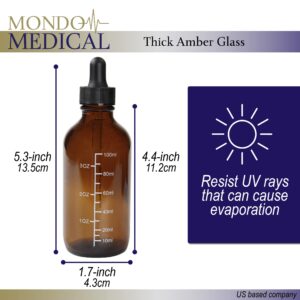 Mondo Medical Amber Glass Dropper Bottles 4 oz Vials - 6pk Dark Tincture Bottles with Droppers for Serum Oil Tincture