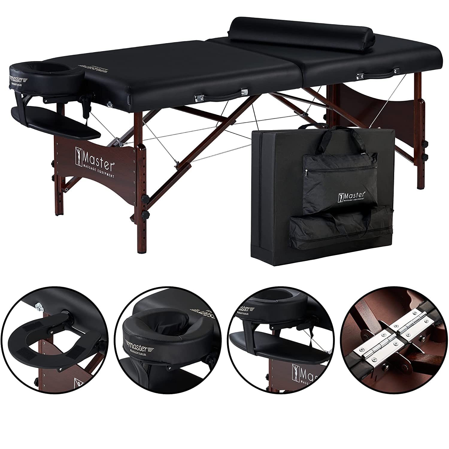 Master Massage Roma II Portable Massage Table Bed Package with 2.5" Cushion, Half Round Bolster, Disposable Face Cover, Black, 30" Salon Beauty Tattoo Lash Facial Bed(Roma II with Ambient Light)