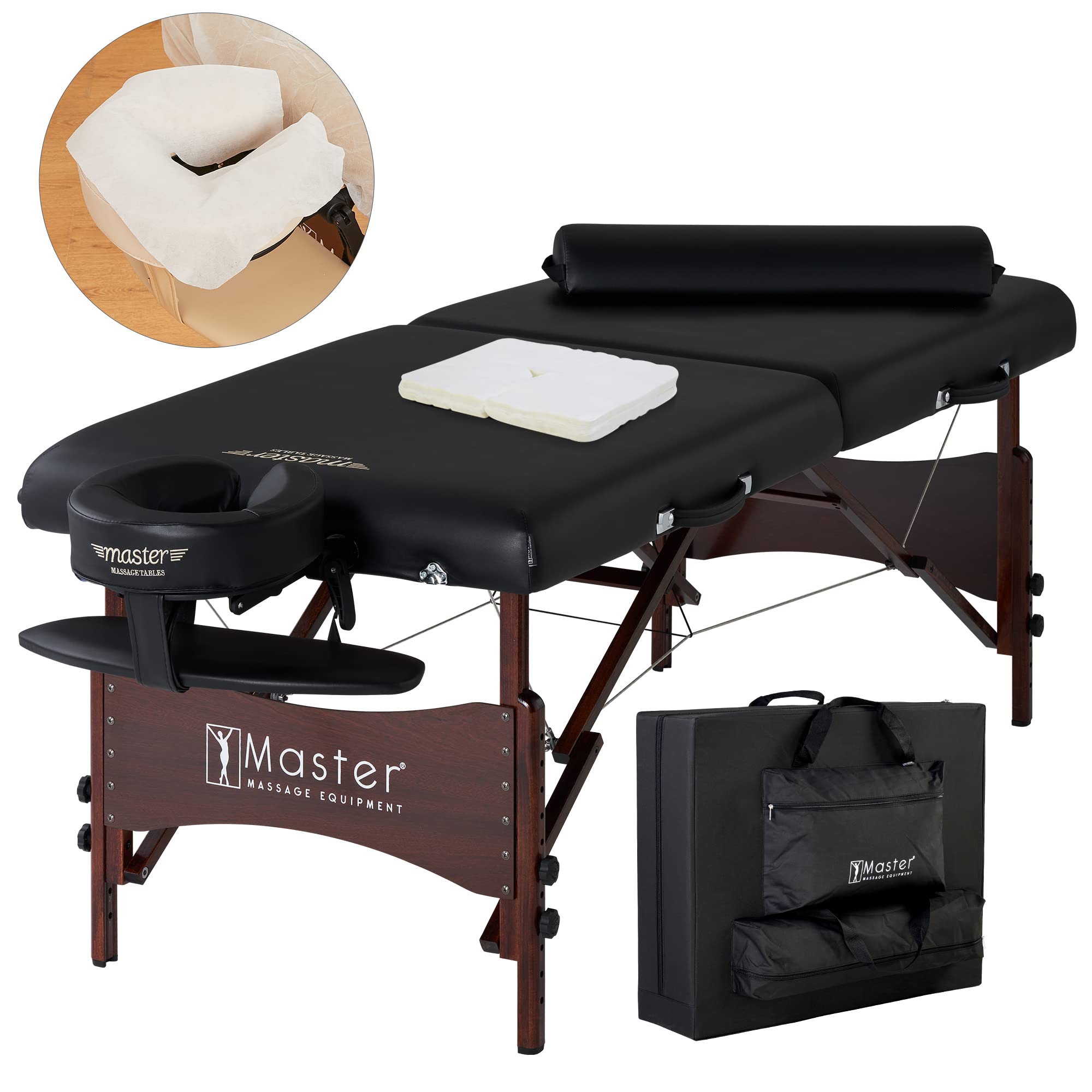 Master Massage Roma II Portable Massage Table Bed Package with 2.5" Cushion, Half Round Bolster, Disposable Face Cover, Black, 30" Salon Beauty Tattoo Lash Facial Bed(Roma II with Ambient Light)