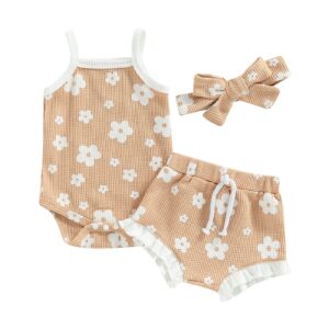 liomengzi newborn baby boy girl summer clothes outfits set fly sleeve solid romper tops drawstring short headband clothes set (light khaki, 0-3 months)