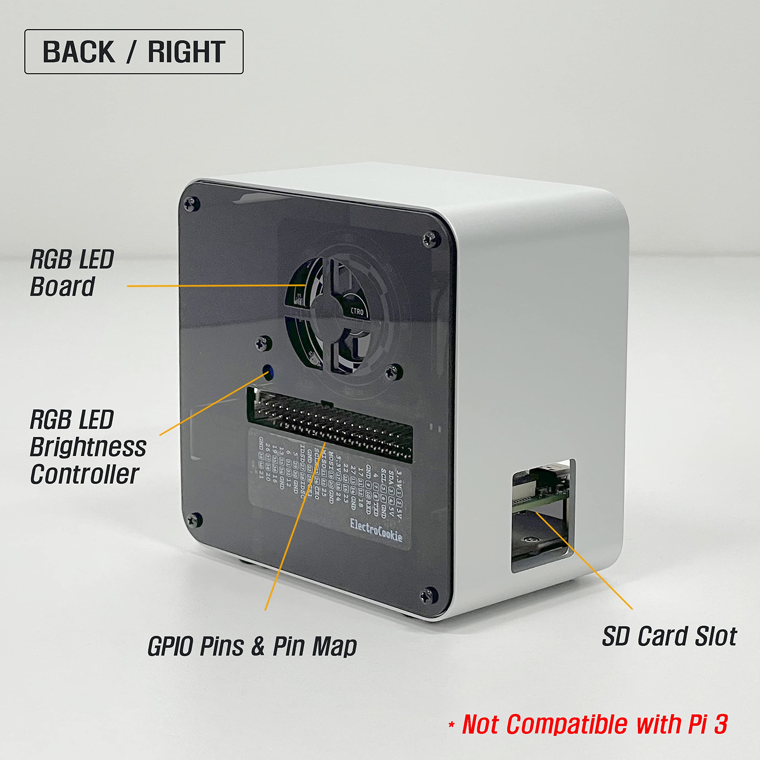 ElectroCookie Raspberry Pi 4 SATA SSD Support Case, Aluminum Mini Tower Case with Cooling Fan and Color Changing Ambient Light (Silver & Black)