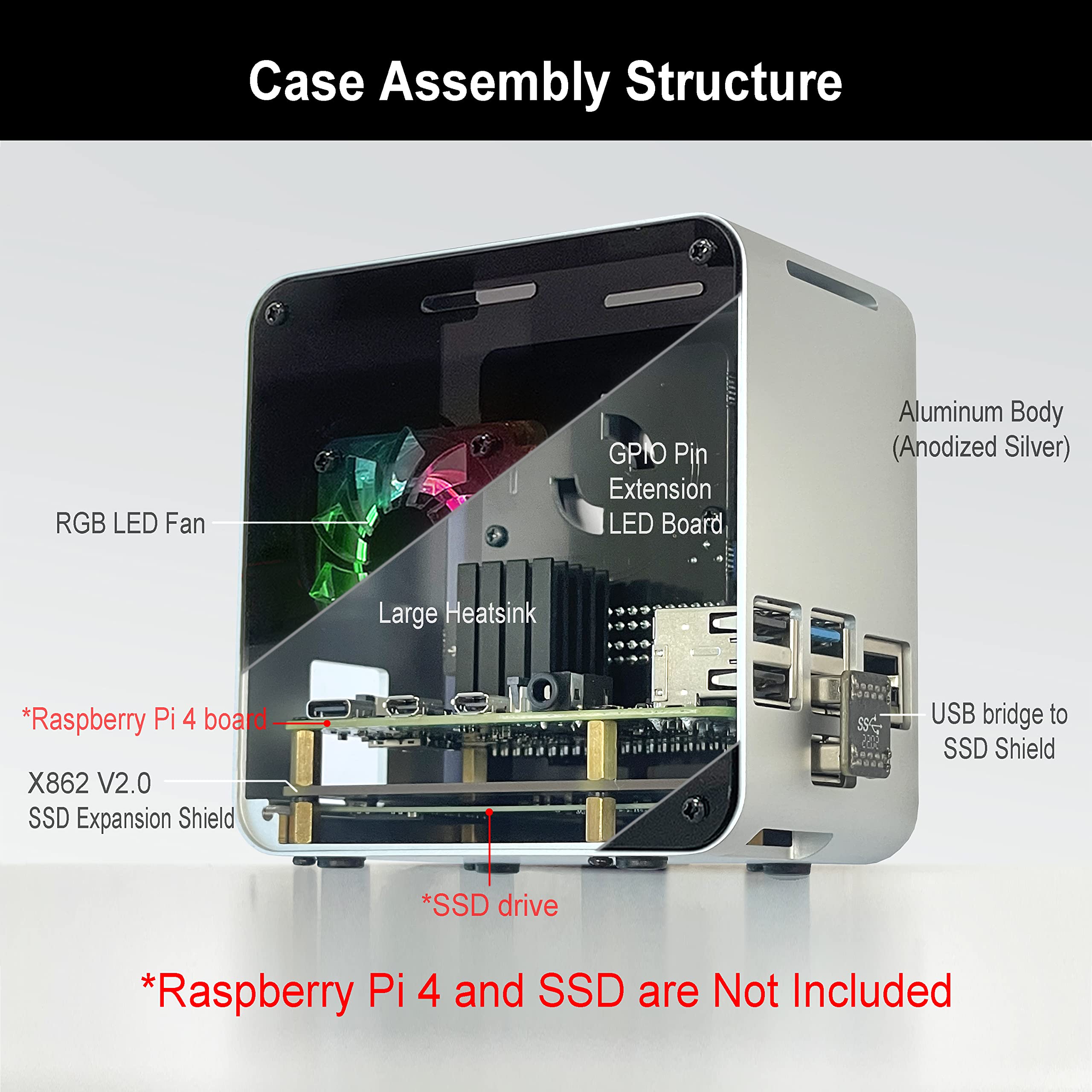 ElectroCookie Raspberry Pi 4 SATA SSD Support Case, Aluminum Mini Tower Case with Cooling Fan and Color Changing Ambient Light (Silver & Black)