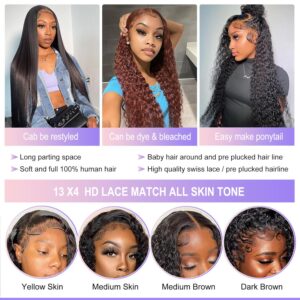 ALEPAZ Deep Wave Lace Front Wigs Human Hair 13x4 HD Transparent Lace Frontal Wigs Human Hair Pre Plucked 180% Density Curly Lace Front Wig Human Hair with Baby Hair Natural Hairline