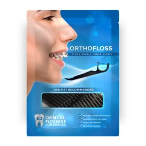 orthofloss dental floss picks for braces| dental flossers & picks for teeth cleaning | innovative arm fits under arch wire, durable & gentle floss threading, helps to prevent cavities (60 count)