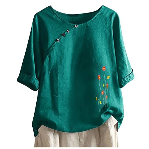 Oversized Cotton Linen Tops, Womens Floral Graphic Button Decor Fashion T Shirt Plus Size Short Sleeve Crewneck Casual Blouse Green