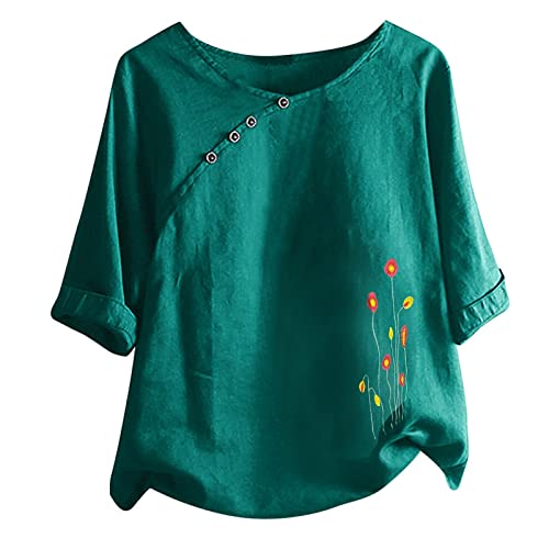 Oversized Cotton Linen Tops, Womens Floral Graphic Button Decor Fashion T Shirt Plus Size Short Sleeve Crewneck Casual Blouse Green