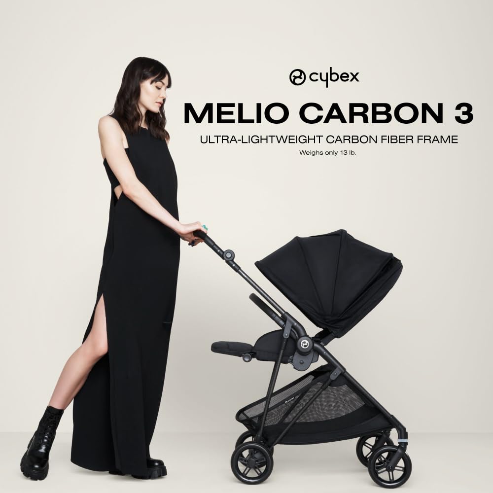 CYBEX Melio 3 Carbon Stroller, Ultra-Lightweight Stroller, Compact Full-Size Stroller, Reversible Seat, One Hand Fold, Travel System Ready, Infant Stroller for 6 Months+ - Moon Black