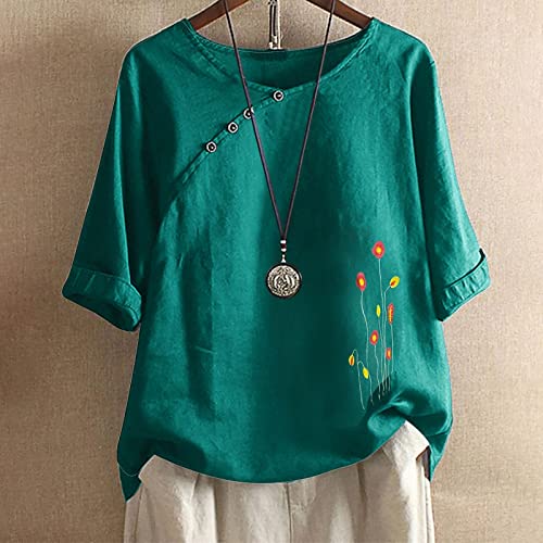 Oversized Cotton Linen Tops, Womens Floral Graphic Button Decor Fashion T Shirt Plus Size Short Sleeve Crewneck Casual Blouse Green