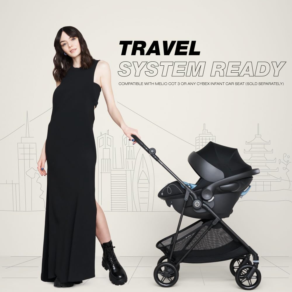 CYBEX Melio 3 Carbon Stroller, Ultra-Lightweight Stroller, Compact Full-Size Stroller, Reversible Seat, One Hand Fold, Travel System Ready, Infant Stroller for 6 Months+ - Moon Black