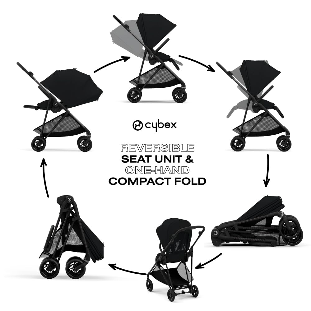 CYBEX Melio 3 Carbon Stroller, Ultra-Lightweight Stroller, Compact Full-Size Stroller, Reversible Seat, One Hand Fold, Travel System Ready, Infant Stroller for 6 Months+ - Moon Black