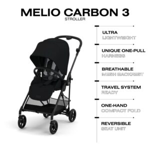 CYBEX Melio 3 Carbon Stroller, Ultra-Lightweight Stroller, Compact Full-Size Stroller, Reversible Seat, One Hand Fold, Travel System Ready, Infant Stroller for 6 Months+ - Moon Black