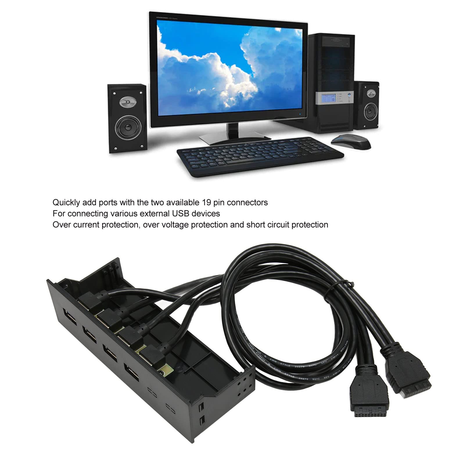 USB3.0 Front Panel, 5Gbps 4 Ports Optical Drive Front Panel Multiple Security Protections 19pin USB Hub Front Panel for 5.25 Inch PC Computer Case