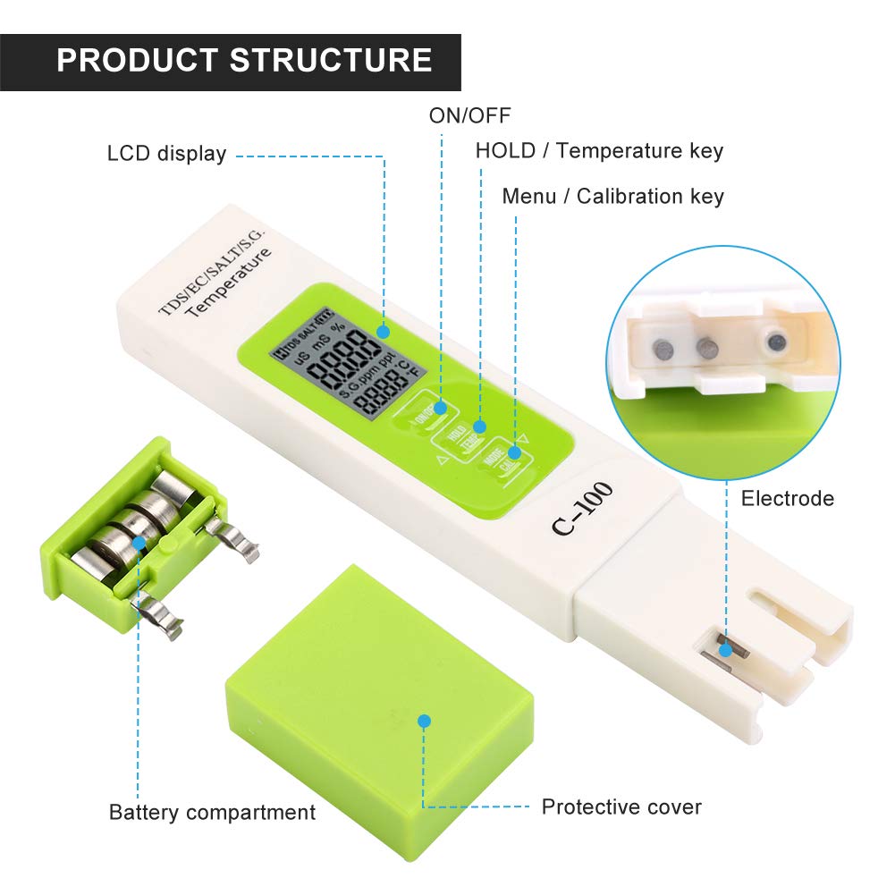 Acouto Water Quality Detector,C-100 5 in 1 Salinity TDS EC Seawater Tester Multifunction Water Quality Tester with Backlight