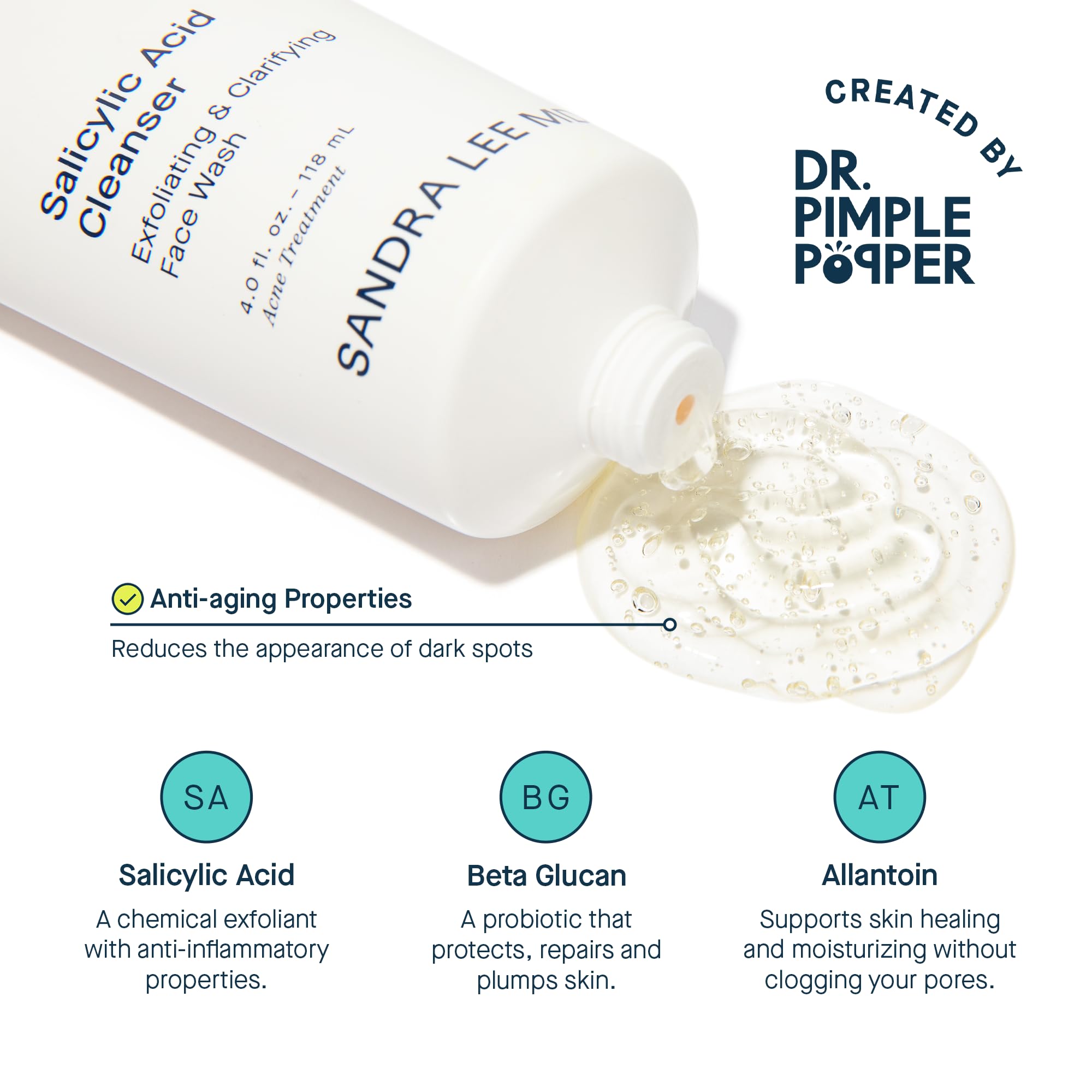 SLMD by Dr. Pimple Popper - Salicylic Acid Cleanser 4.0 Fl. Oz Exfoliating Gel Cleanser - Treat and Prevent Active Acne - Unclogs Pores and Prevents Blackheads and Whiteheads from Forming