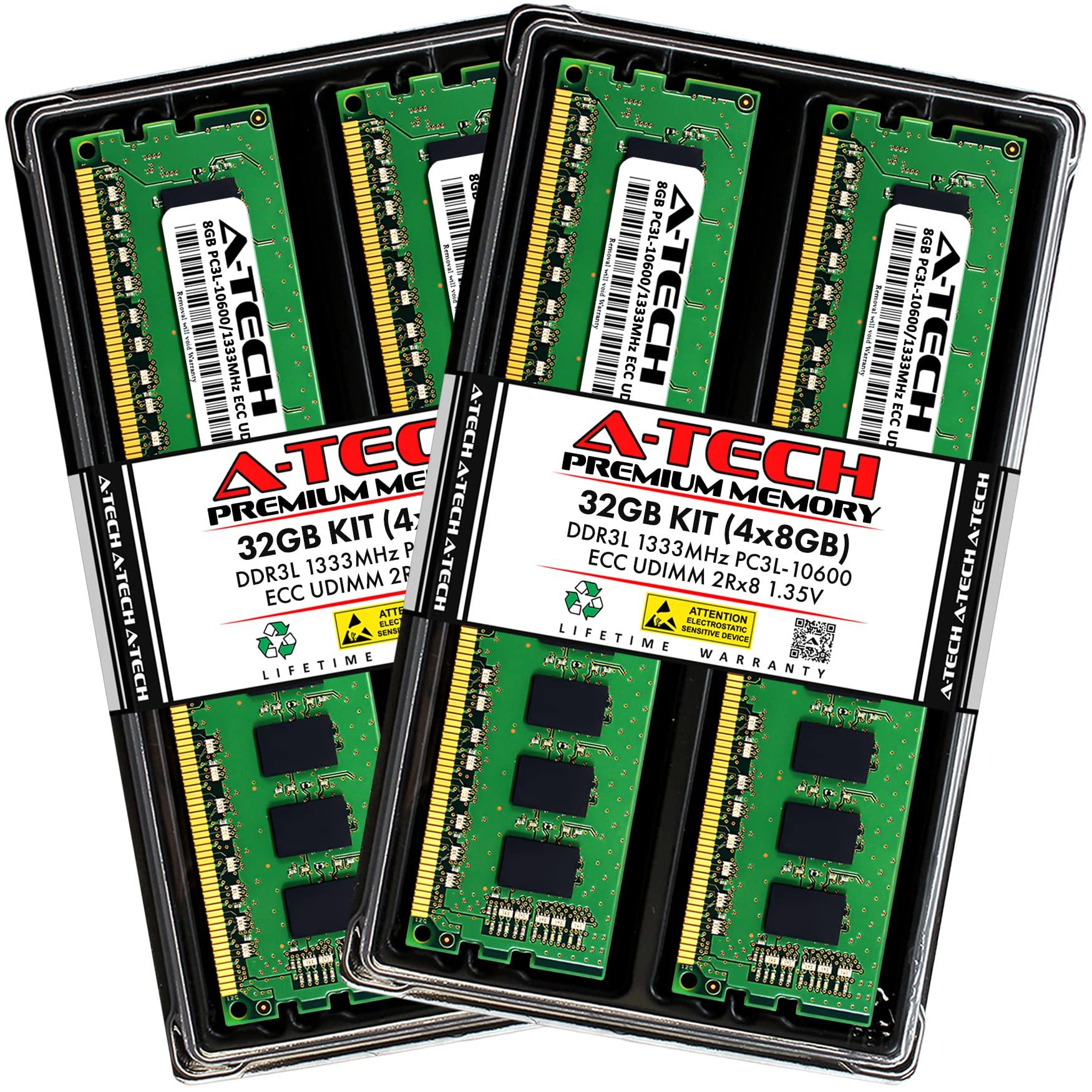 A-Tech Server 32GB Kit (4 x 8GB) 2Rx8 PC3L-10600E DDR3 1333MHz ECC Unbuffered UDIMM 240-Pin Dual Rank DIMM 1.35V Workstation Server Memory RAM Upgrade Stick Modules (A-Tech Enterprise Series)