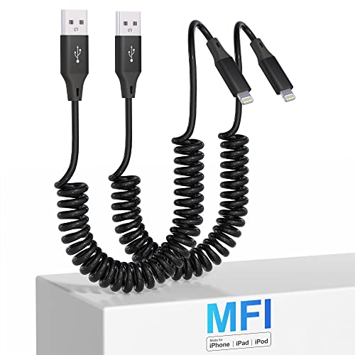 Coiled Lightning Cable 2 Pack, Apple Carplay & MFi Certified, Retractable iPhone Charger with Data Transmission, Short iPhone Charger Cord for iPhone/Pad/Pod