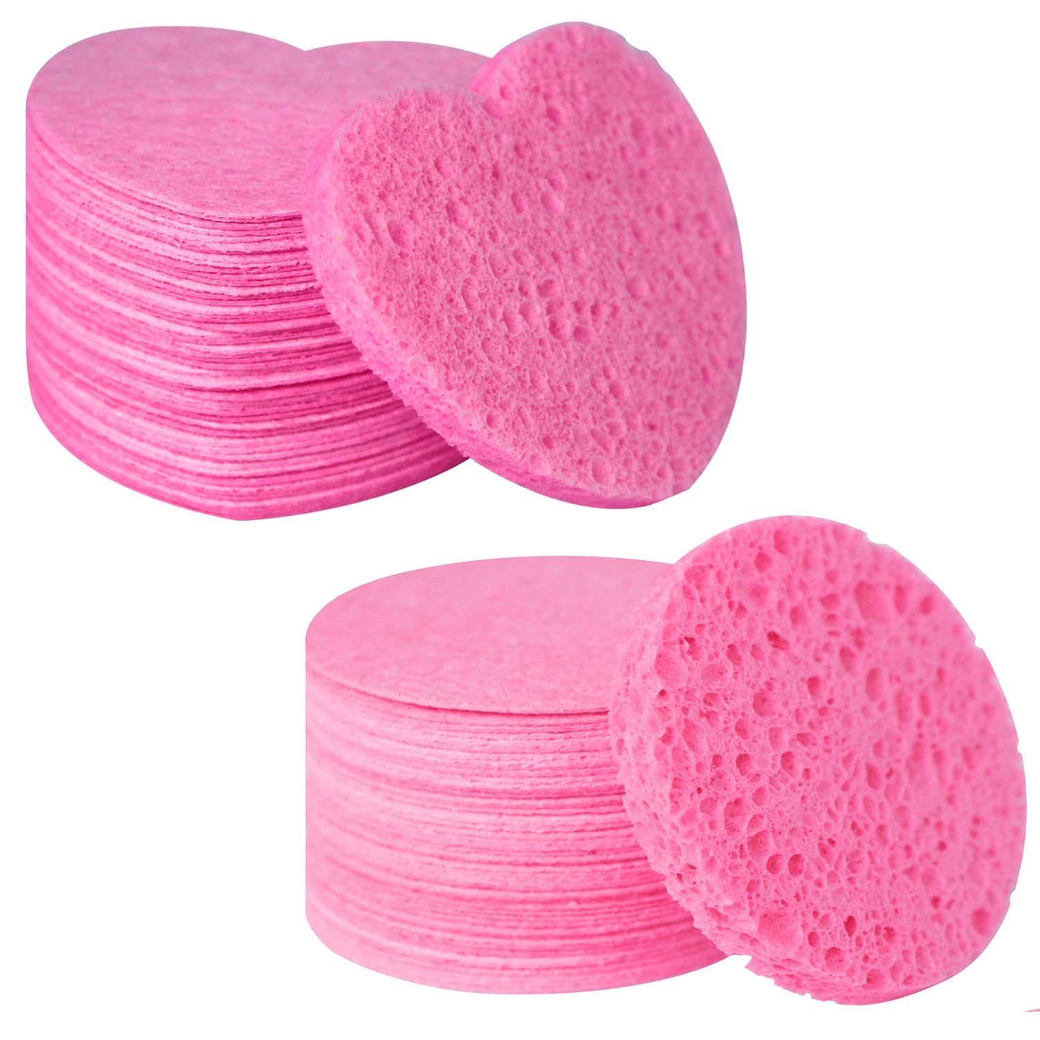 Facial Sponges Compressed Natural Cellulose Sponge Spunspon Round/Heart Shape Face Sponge for Face Cleansing Exfoliating and Makeup Removal 100 Count / 2 - Pack, Pink