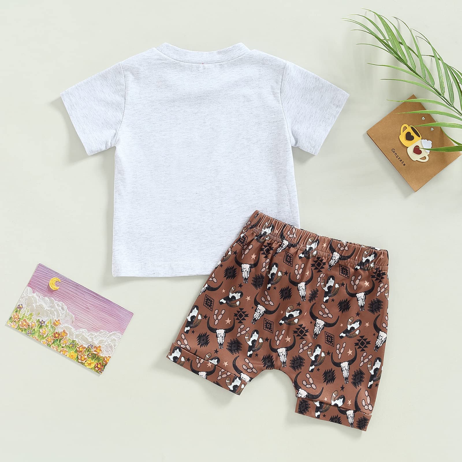 Western Summer Outfits Infant Toddler Baby Boys Cow Letter Printed Short Sleeve T-Shirt Tops and Shorts 2PCS Clothes Set (Gray+Brown, 18-24 Months)