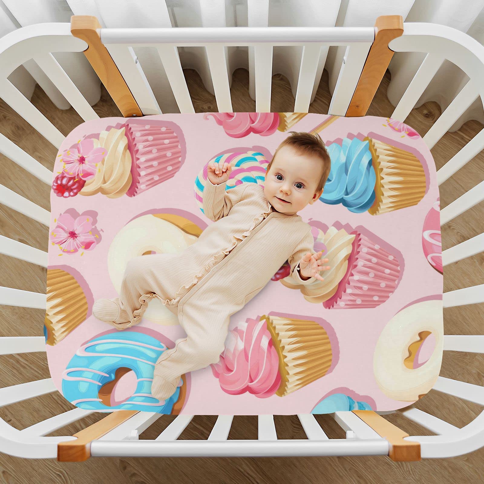 Blueangle Fitted Crib Sheet Cupcakes and Donuts Baby Sheets for Standard Crib Toddler Mattress Cover, Soft Microfiber Breathable Mattress Cover for Boys and Girls（486）