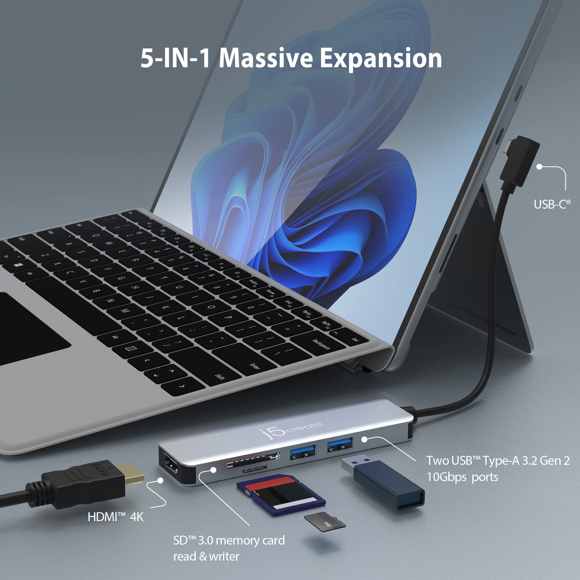 j5create USB-C 5-Port Gen2 Multi-Adapter with 4K HDMI, 2 USB-A 10Gbps, SD/microSD, for Surface Pro 8/9, MacBook Air/Pro, Dell XPS, HP laptops, and More (JCD372S)