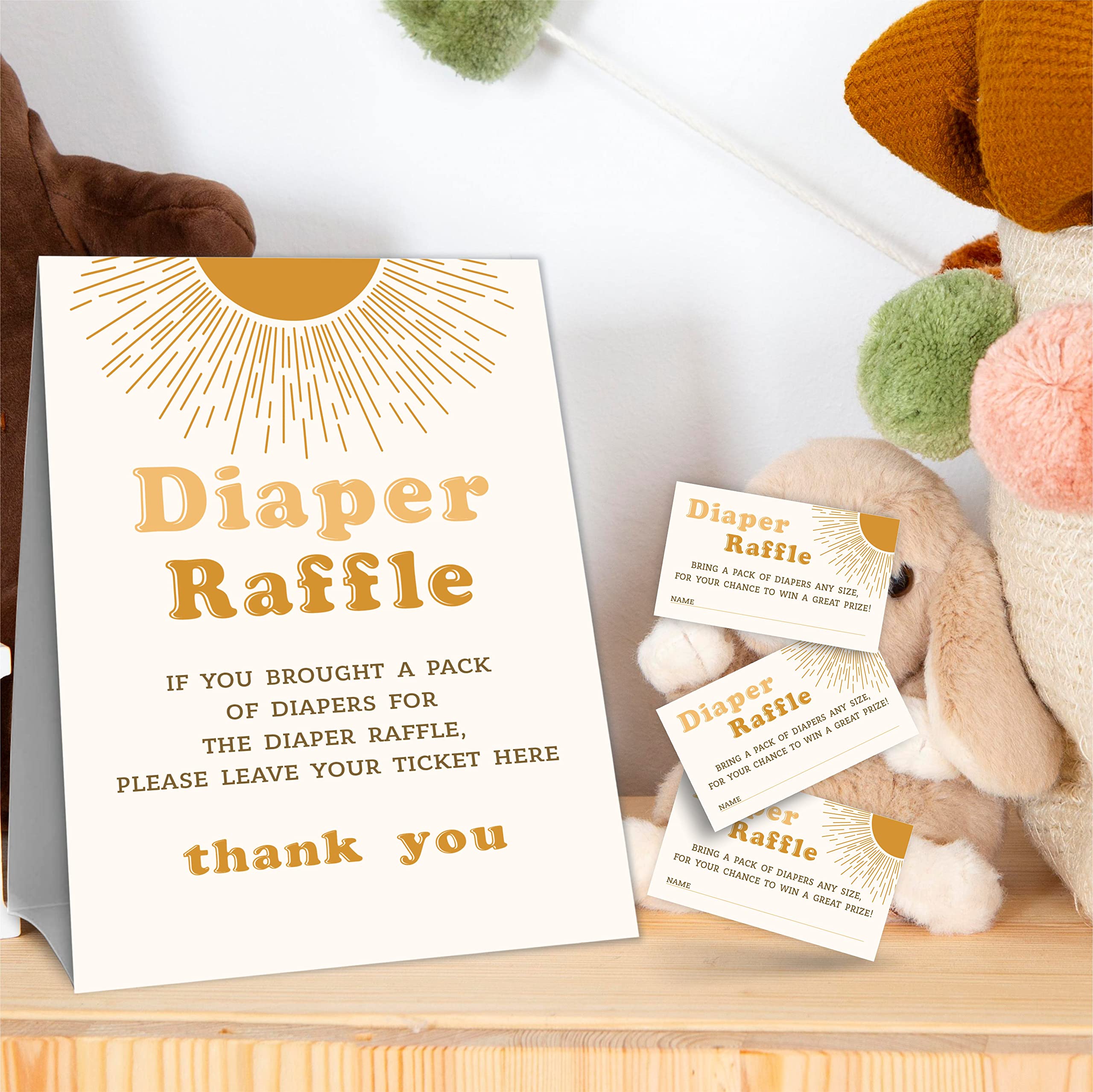 YKYENR Retro Sun Diaper Raffle Baby Shower Party, Diaper Raffle Game Kit，1 Diaper Raffle Standing Sign & 50 Tickets, Boho Sun Baby Shower Decorations，Party Favor And Supplies-NBLK-A01