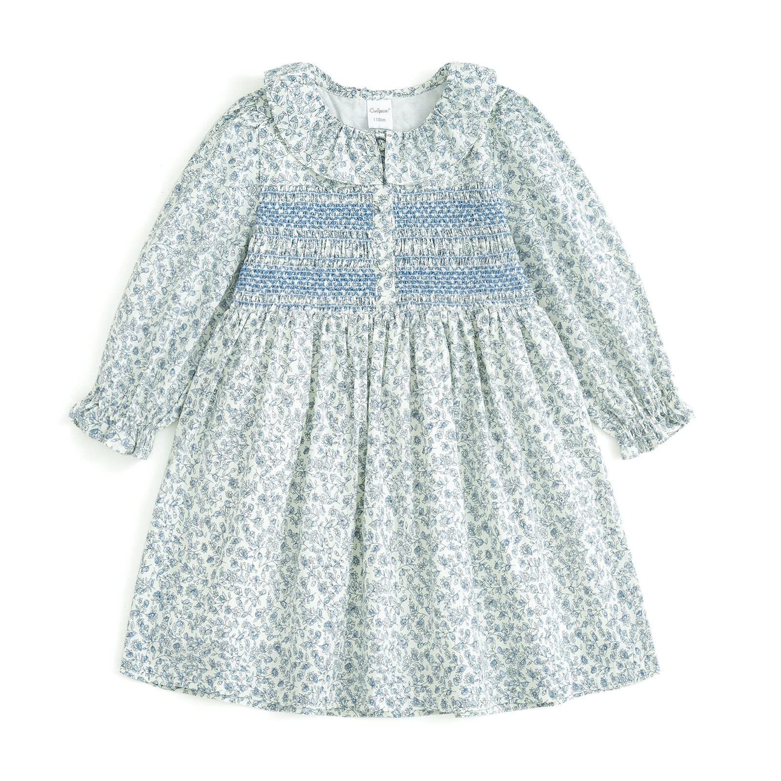 Curipeer Baby Girls Long Sleeve Floral Dress Flower Printed Smock Toddler Ruffle Dress for Autumn and Spring Blue 12M