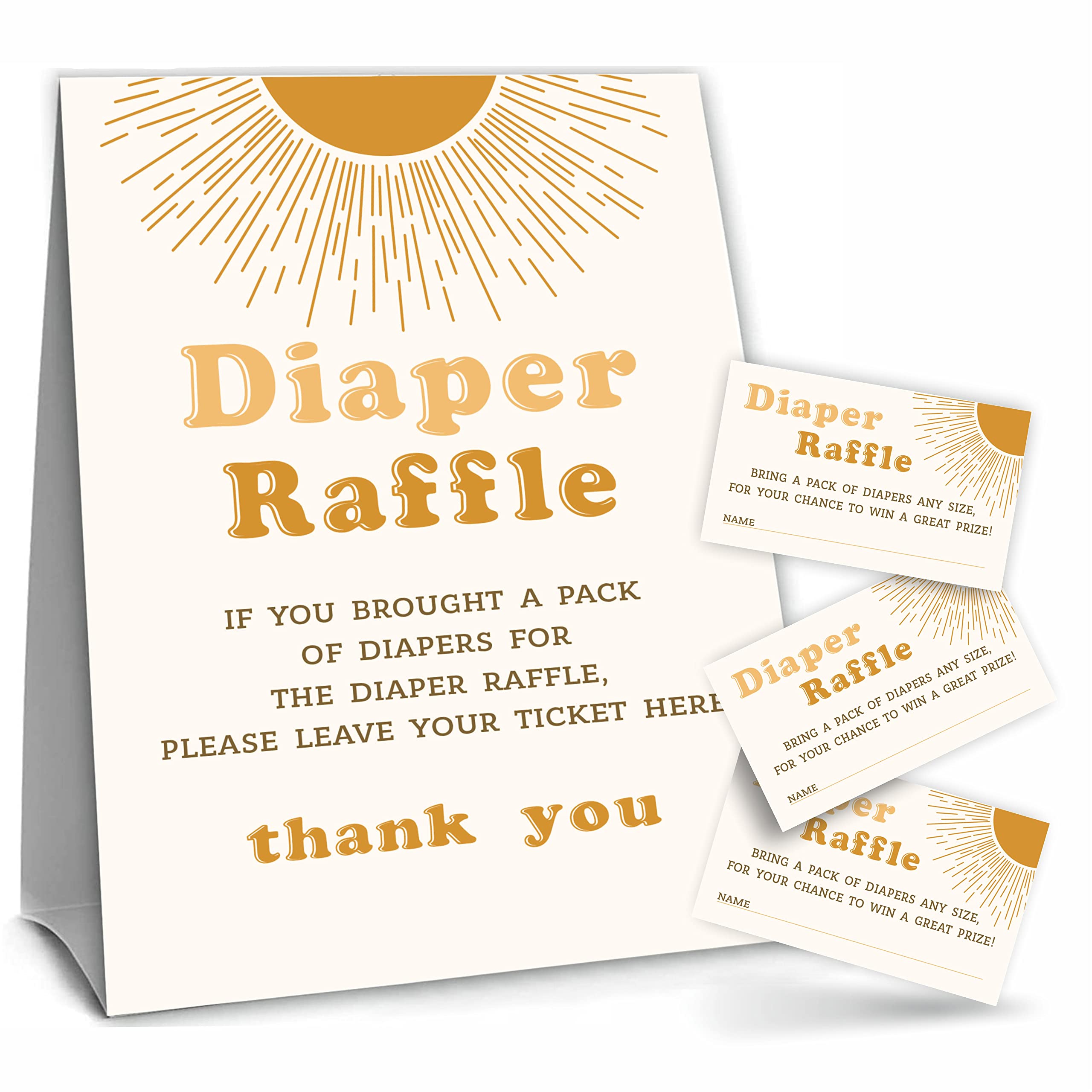 YKYENR Retro Sun Diaper Raffle Baby Shower Party, Diaper Raffle Game Kit，1 Diaper Raffle Standing Sign & 50 Tickets, Boho Sun Baby Shower Decorations，Party Favor And Supplies-NBLK-A01