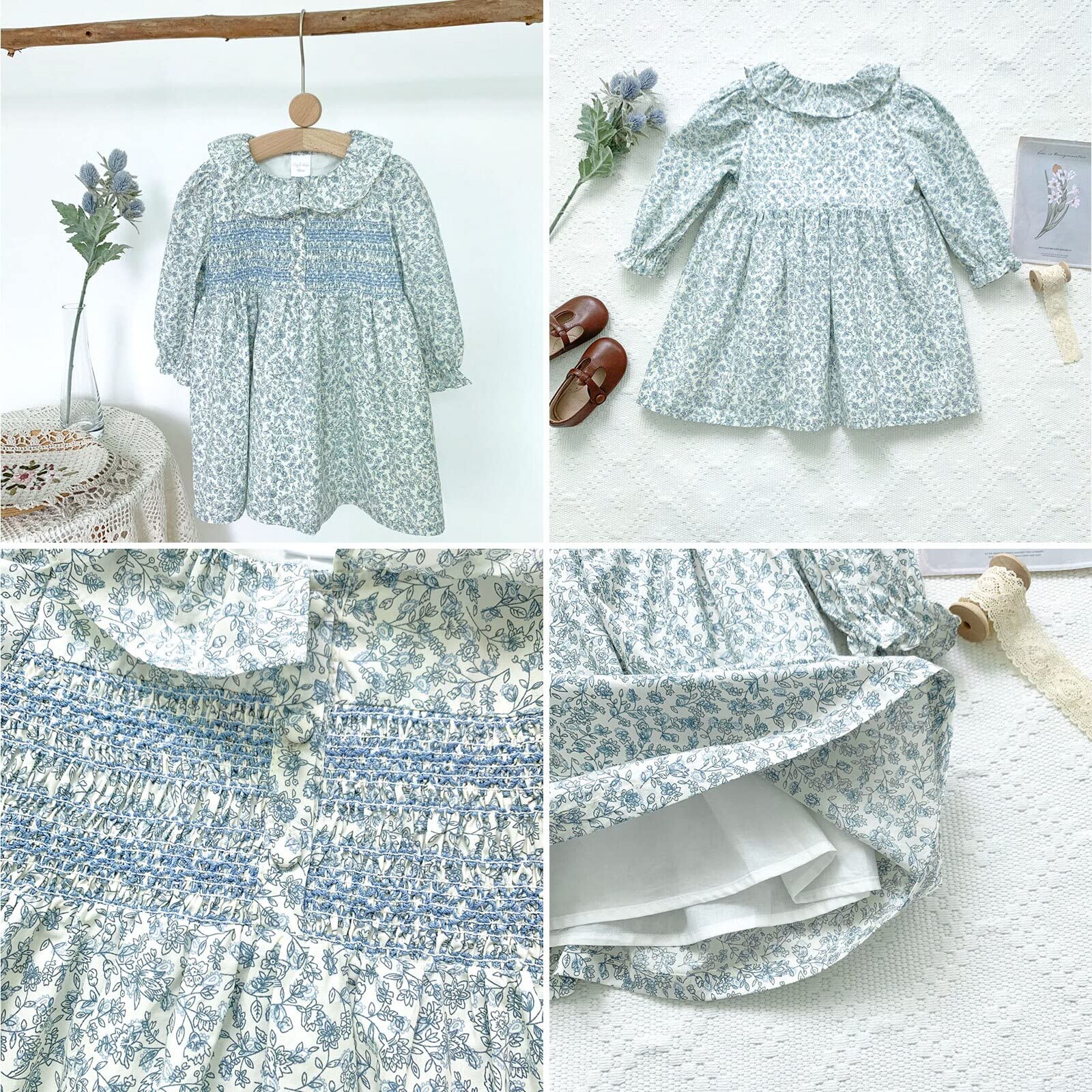 Curipeer Baby Girls Long Sleeve Floral Dress Flower Printed Smock Toddler Ruffle Dress for Autumn and Spring Blue 12M