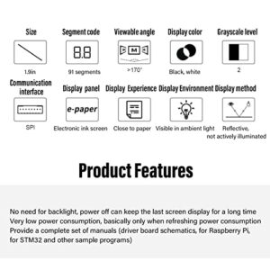 Dpofirs 1.9in Electronic Ink Display, Electronic Ink Screen with 180° Viewing Angle, SPI Interface, Support Partial Refreshness, for Temperature Humidity Meters