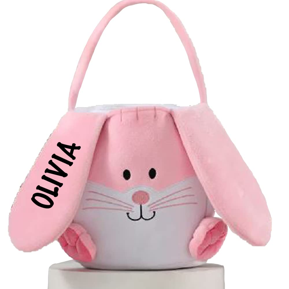 Personalized Plush Pink Bunny Basket - Girls Bunny Basket with Handle My First Easter Basket