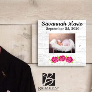 New Baby Frame Alternative - Personalized Baby Girl Birth Gift - Upload Picture or Photo - with Customized Name and Birthday Flowers