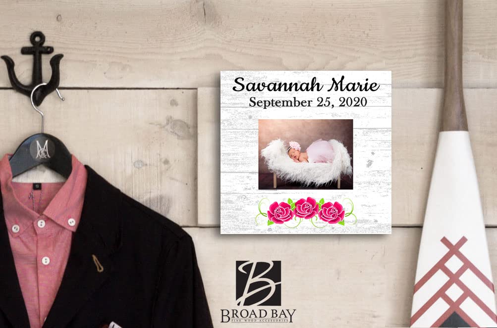 New Baby Frame Alternative - Personalized Baby Girl Birth Gift - Upload Picture or Photo - with Customized Name and Birthday Flowers