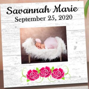 New Baby Frame Alternative - Personalized Baby Girl Birth Gift - Upload Picture or Photo - with Customized Name and Birthday Flowers