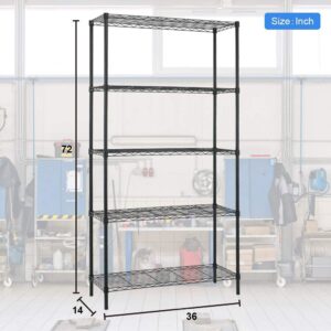 14‘’Dx36''Wx72''H Storage Shelves Wire Shelving Unit with Wheels Steel 5 Tier Heavy Duty Layer Rack Storage Metal Shelf Garage Organizer Wire Rack Shelves Adjustable Utility 1250 LBS Capacit，Black