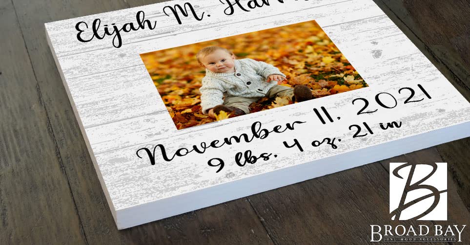 Broad Bay Newborn Baby Frame Alternative - Personalized New Birth Gift - Upload Picture or Photo - with Customized Birth Details- Solid Wood - 10.5in x 10.5in