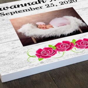 New Baby Frame Alternative - Personalized Baby Girl Birth Gift - Upload Picture or Photo - with Customized Name and Birthday Flowers