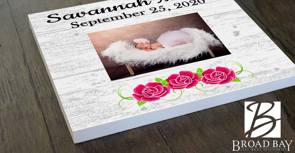 New Baby Frame Alternative - Personalized Baby Girl Birth Gift - Upload Picture or Photo - with Customized Name and Birthday Flowers