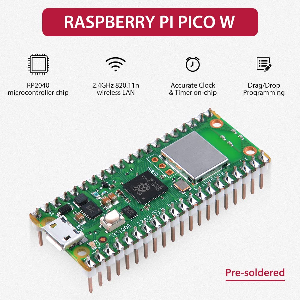 DVOZVO Raspberry Pi Pico W with Pre-Soldered Pin Headers, Raspberry Pi RP2040 Chip, WiFi Wireless Connectivity,Pico WH with USB Cable